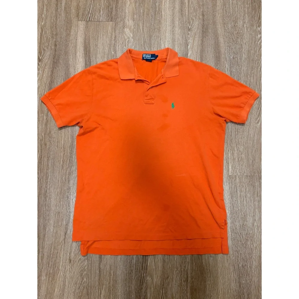 Polo Ralph Lauren Mens Orange Pique Short Sleeve Polo Shirt Green Pony Logo L